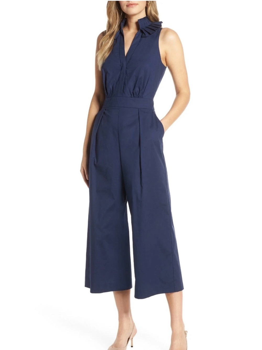 1901 Womens Navy Pleat Collar Sleeveless Jumpsuit V Neck  Size 6